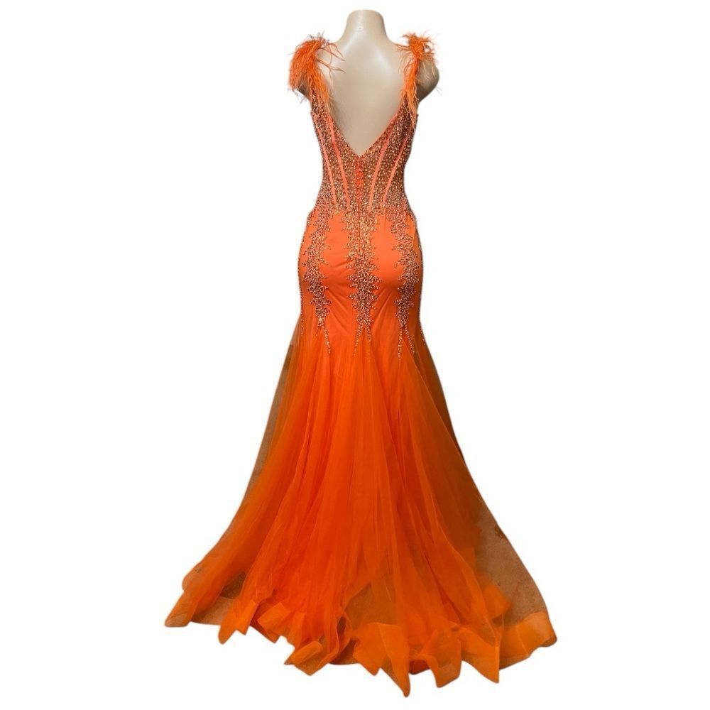 Jovani Vibrant Orange Feather-Trim Beaded Mermaid Gown - Picture 11 of 16